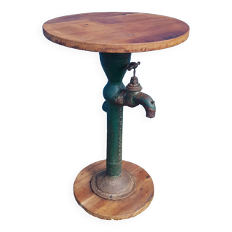 Pedestal table "eat-standing" old base cast iron water pump and teak tray