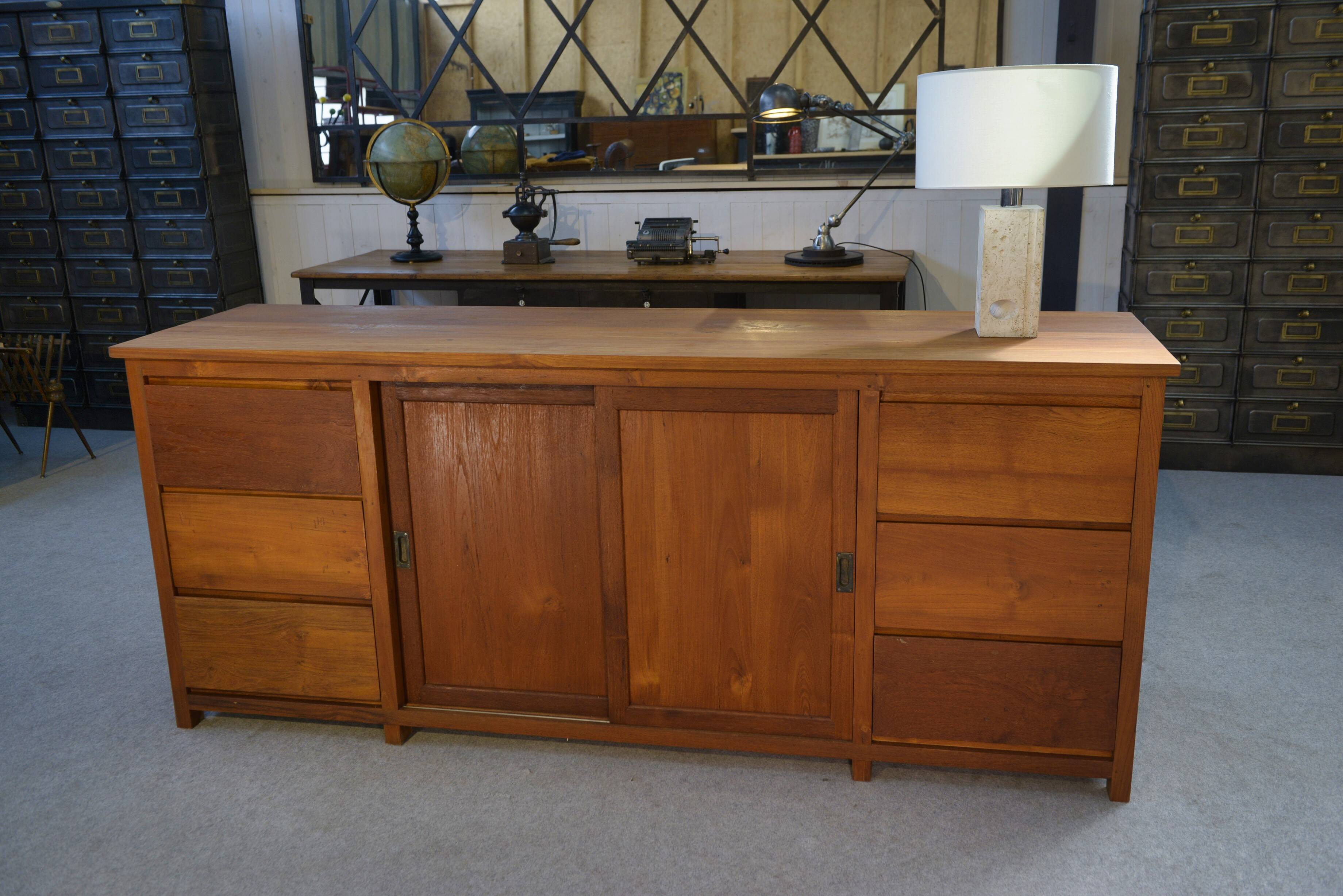 Large teak sideboard with 6 drawers and 2 sliding doors
