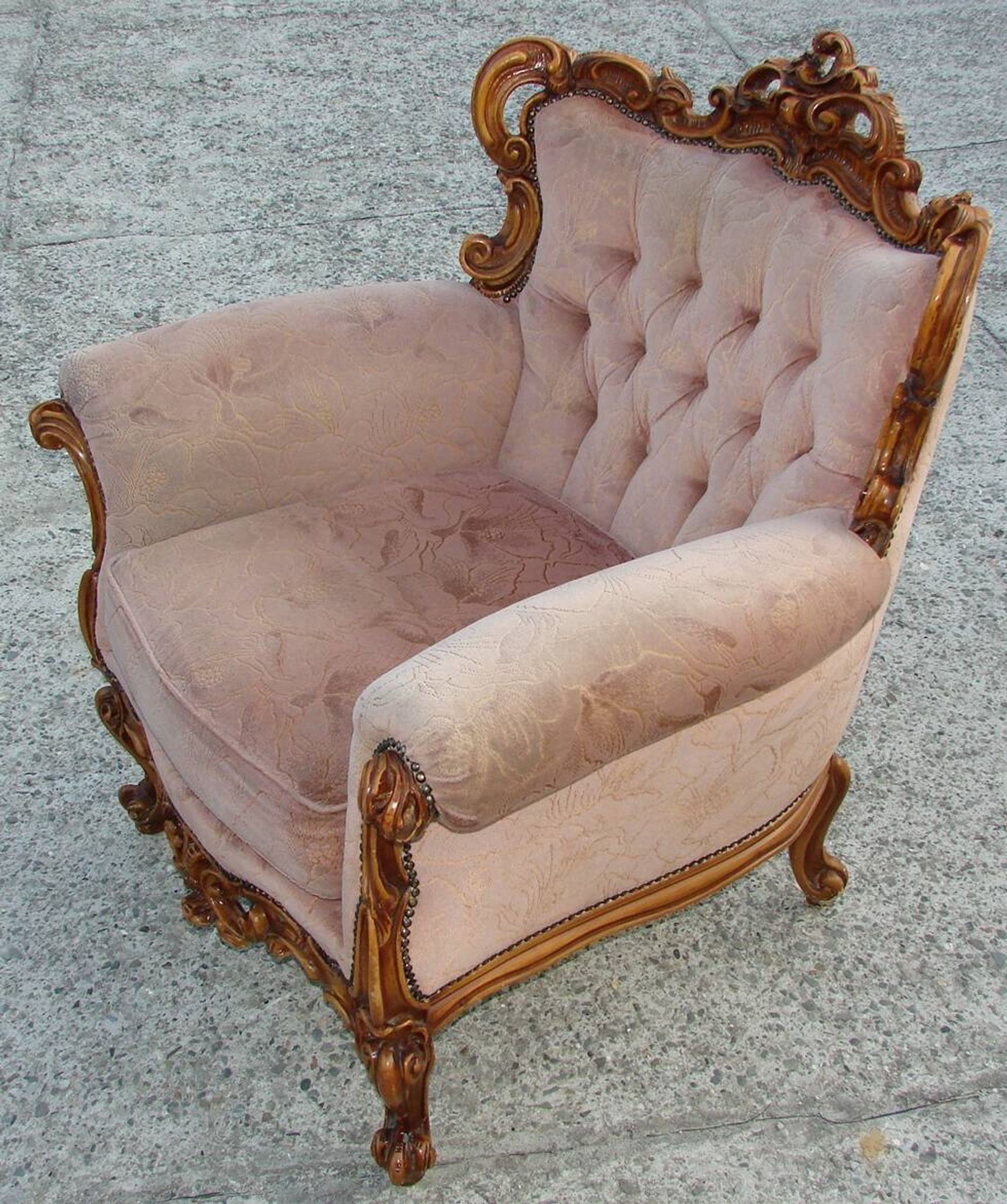 Vintage French armchair, 1960s, carved wood, springs