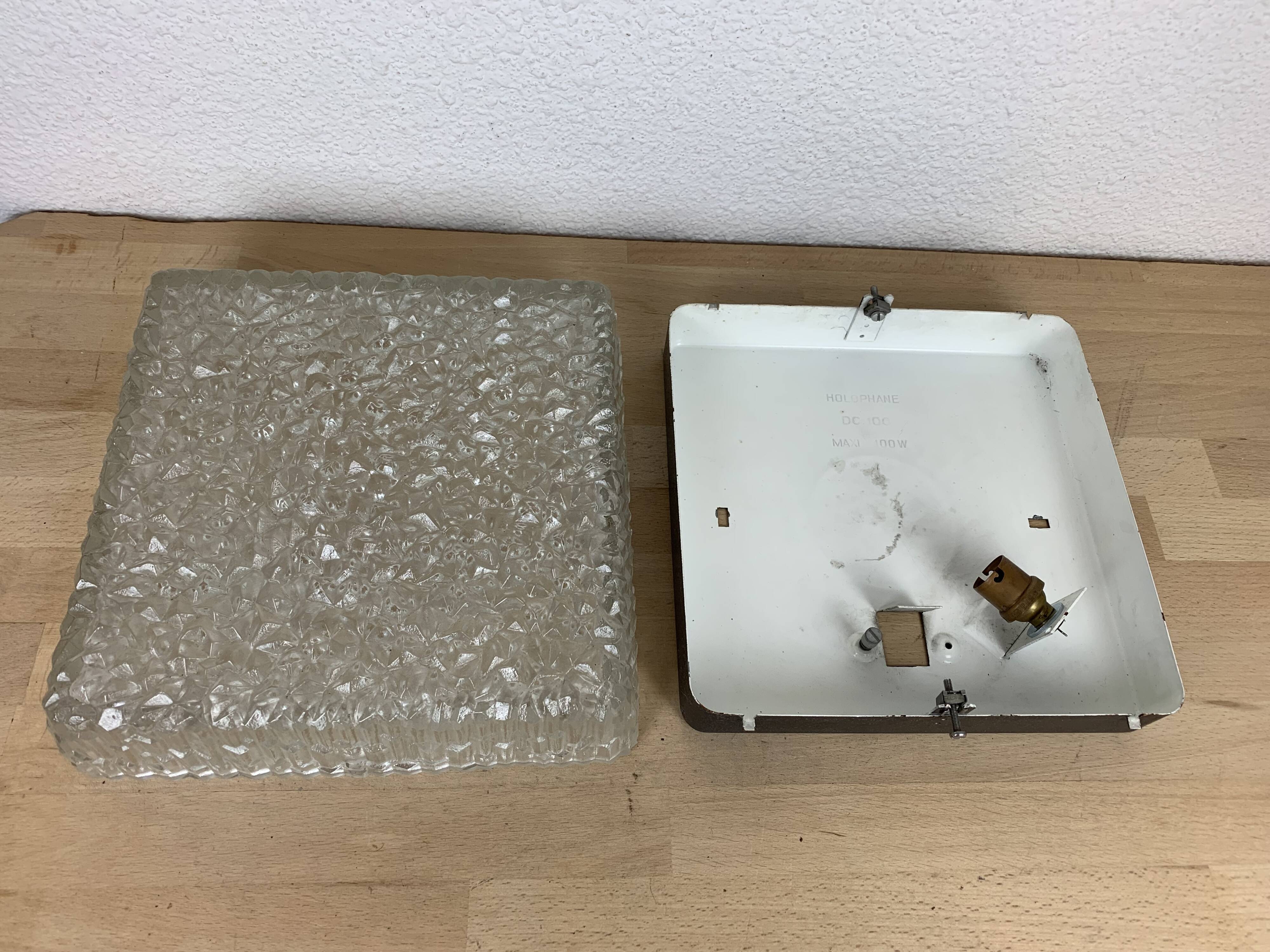 Holophane square wall lamp in chiseled glass, 60s, ceiling lamp