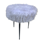 Tabouret moumoute blanc pieds compas métal noir vintage