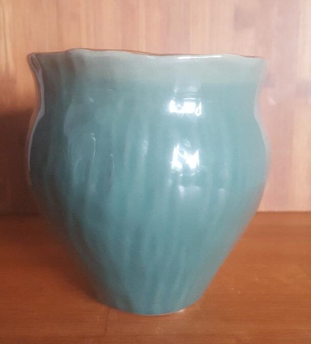 Vintage green and bronze ceramic pot cover vase