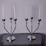 Pair of art deco candlesticks in stainless steel 3 flames and blue stones, Spain, 1970