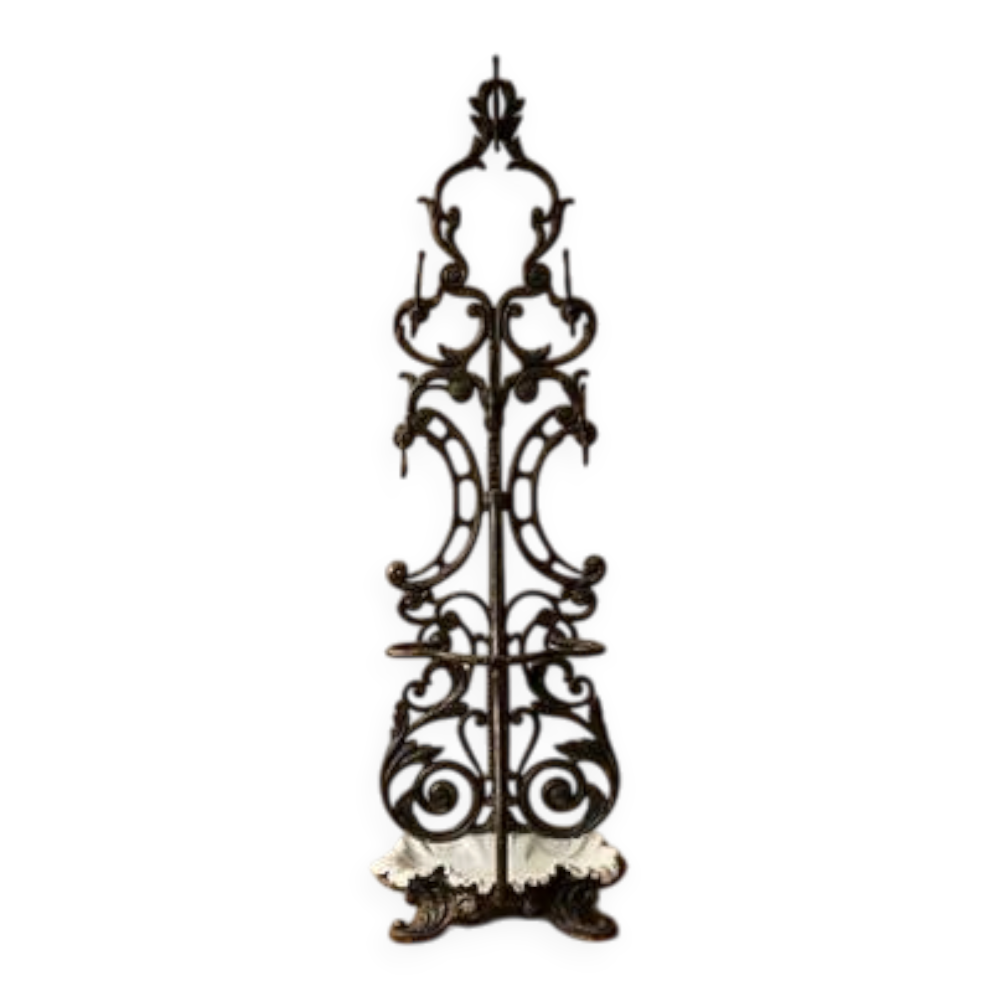 Antique cast iron hall stand, Victorian coat rack with marble base, ornate hall tree, 19th century