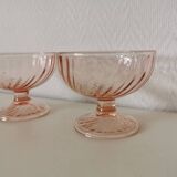 Pair of pink rosaline swirl glass fruit bowls