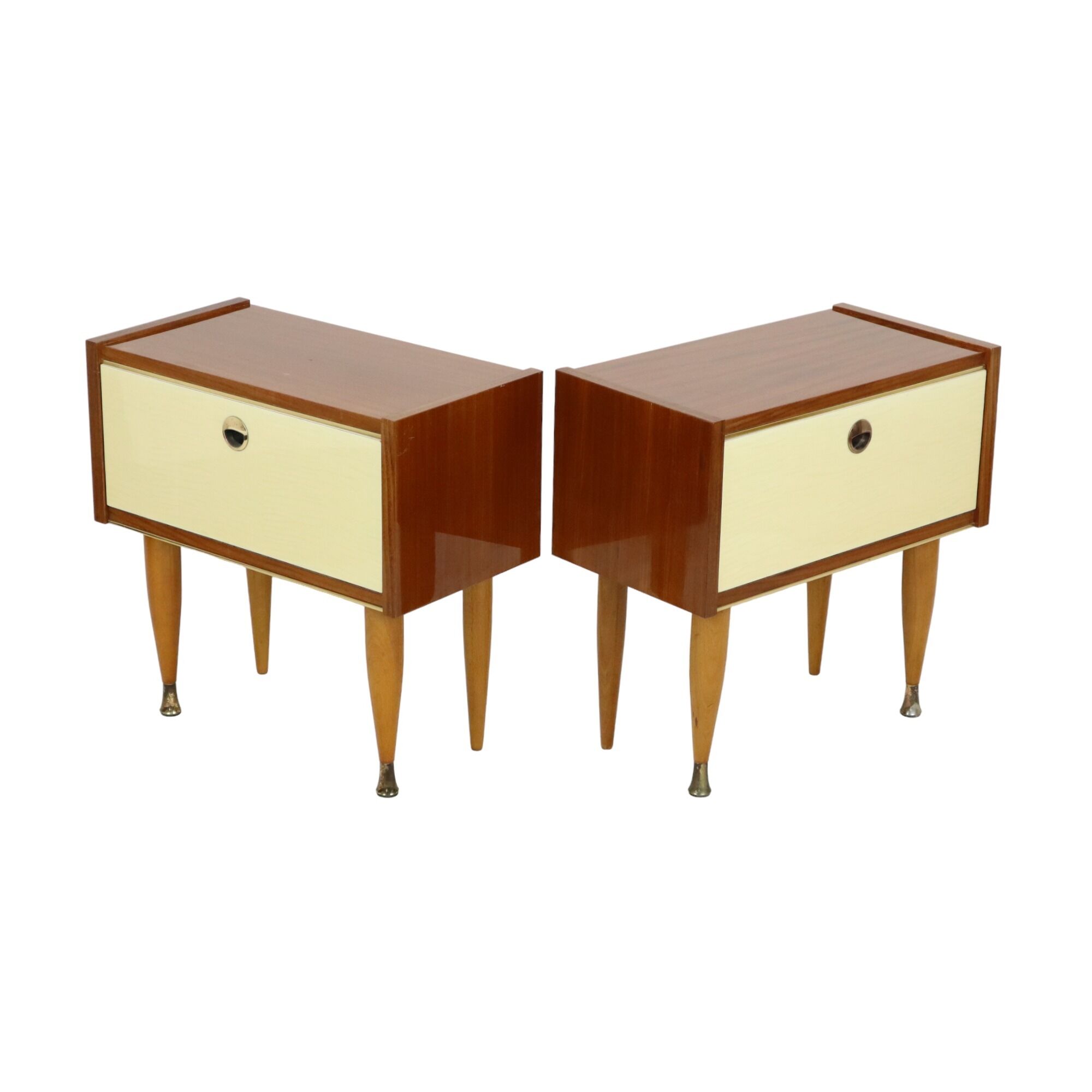 Pair of vintage wooden bedside tables hinged door conical 1960s design