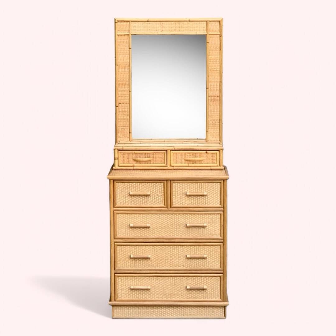 Rattan and woven wicker chest of drawers and mirror, 1970