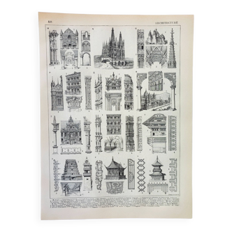 Gravure ancienne 1898, Architecture (religieux), construction • Lithographie, Planche originale