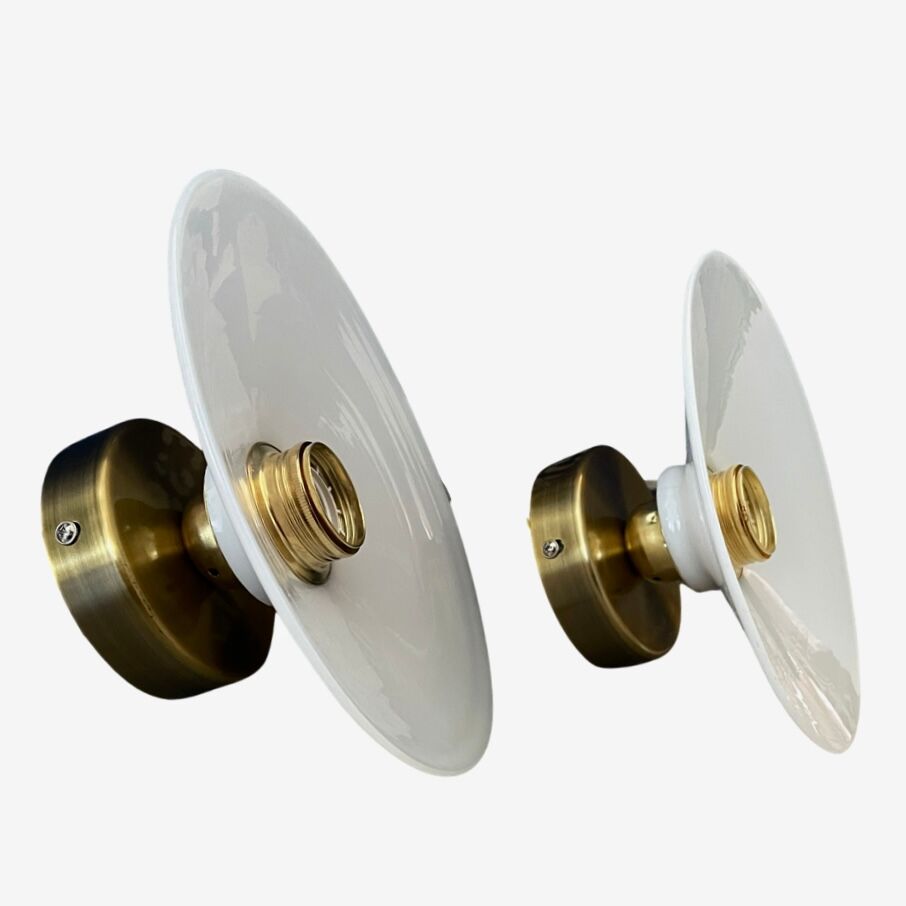 Pair of vintage white opaline wall lamps electrified to nine