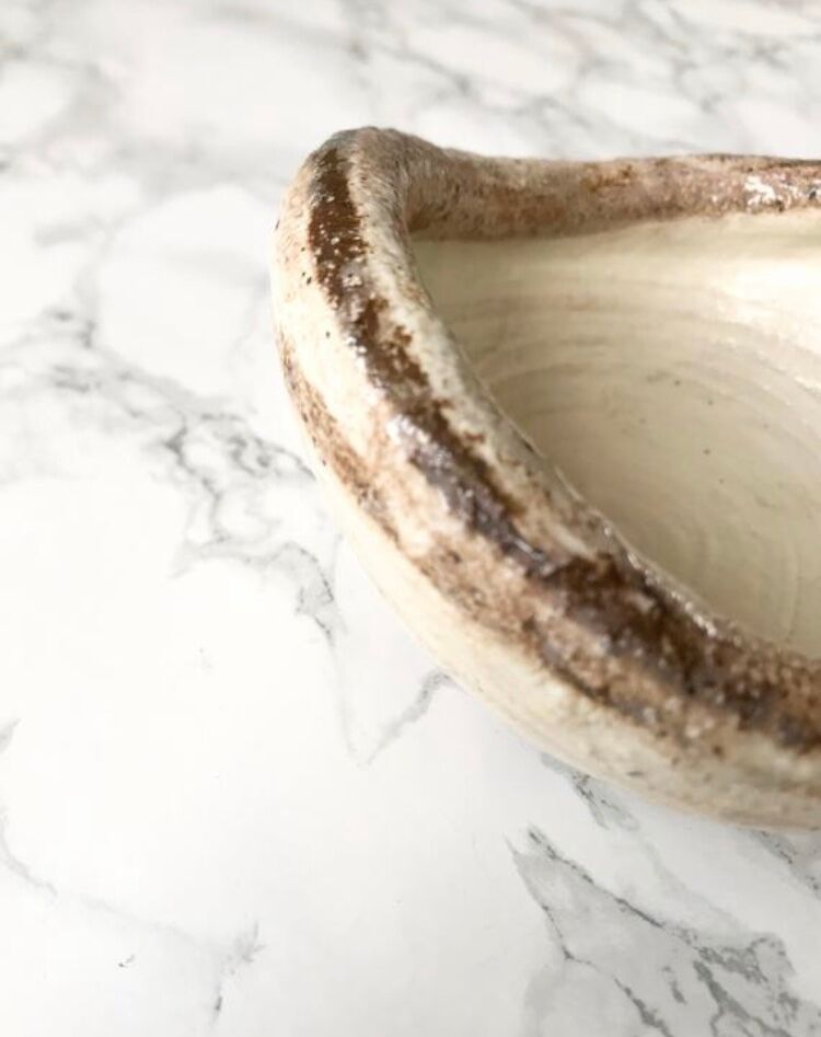 Pair of Asian handmade cups in beige and brown sandstone