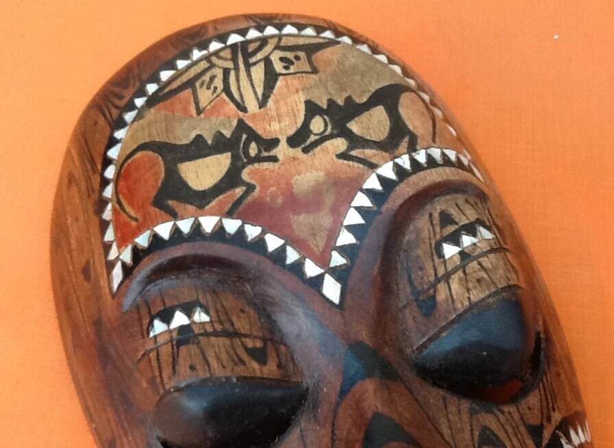 African Hanging Mask / Tribal Carved Wood Inlaid with Mother of Pearl Long