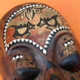 African Hanging Mask / Tribal Carved Wood Inlaid with Mother of Pearl Long