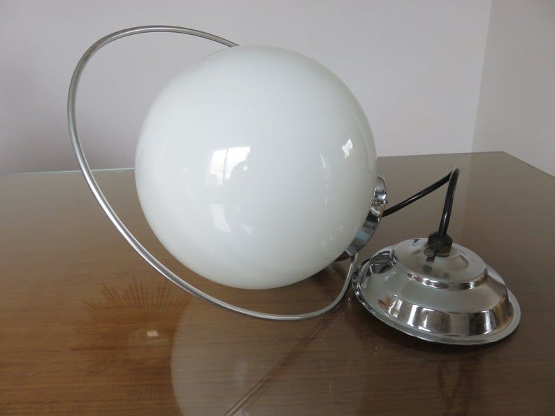 Hanging lamp Bauhaus white opaline ball and chrome metal 30 40 years