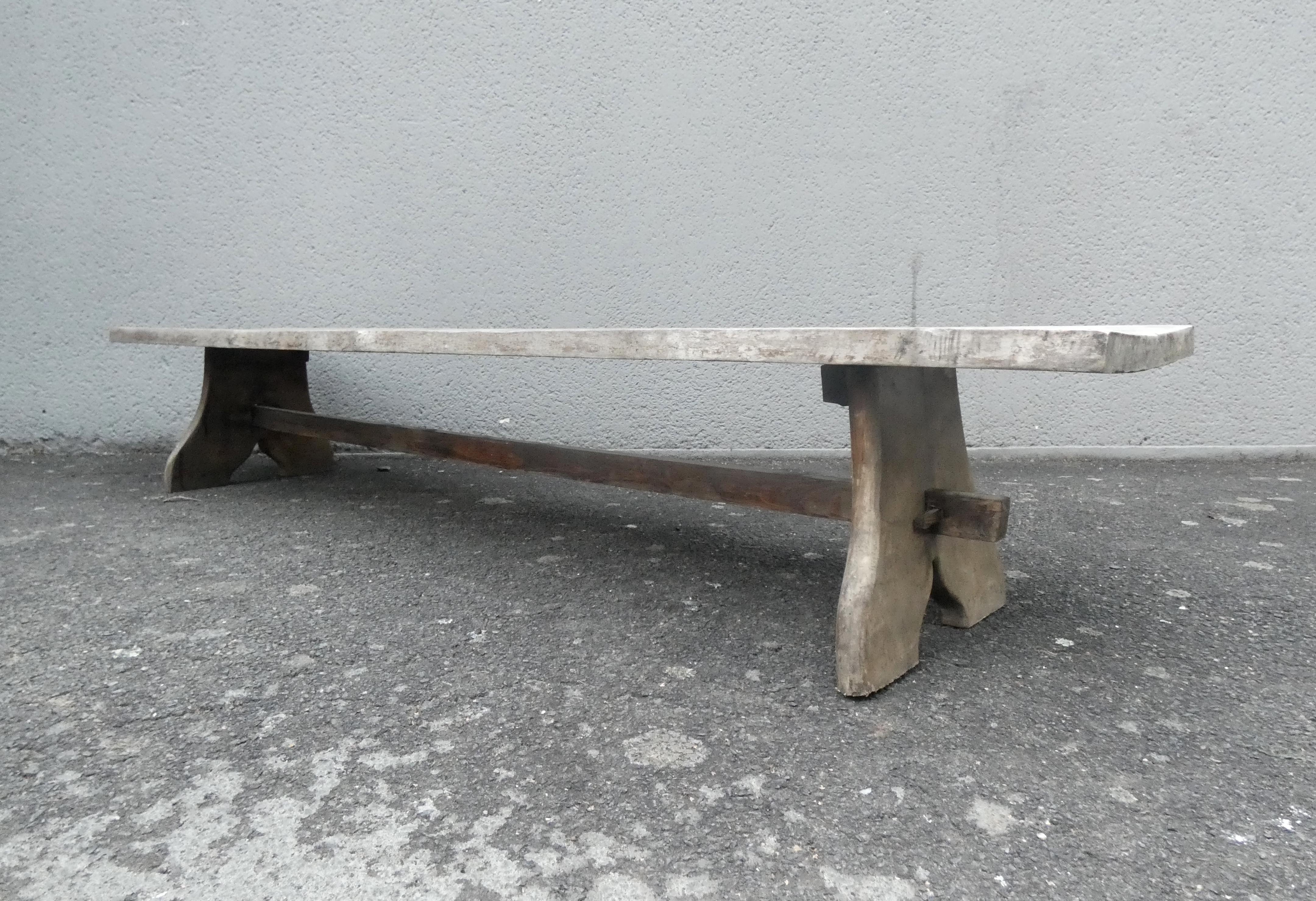 Old farm bench, bed end, in raw solid oak
