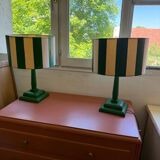Pair of wooden bedside lamps with striped lampshades