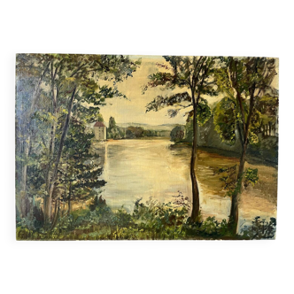 Huile sur toile "Au bord de la rivière", signée