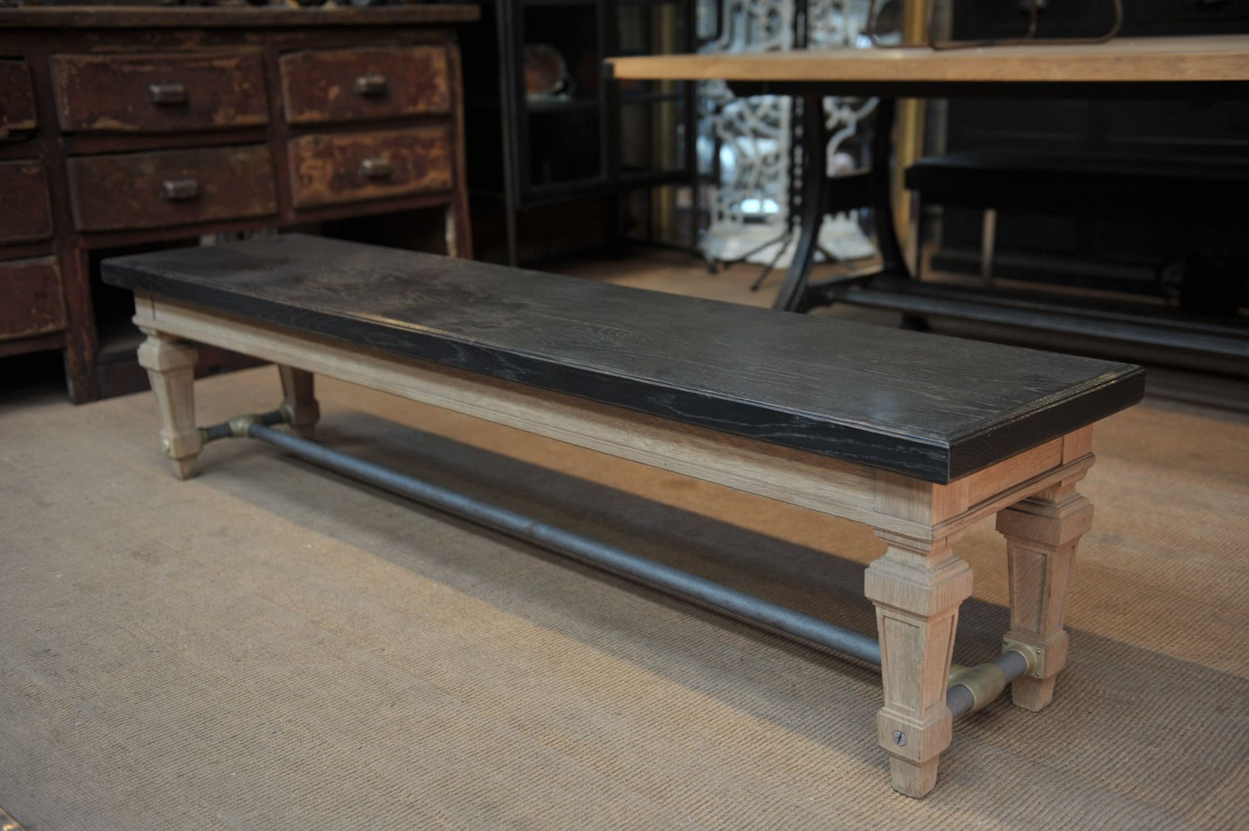 Ancient bench in solid oak and french bank brass