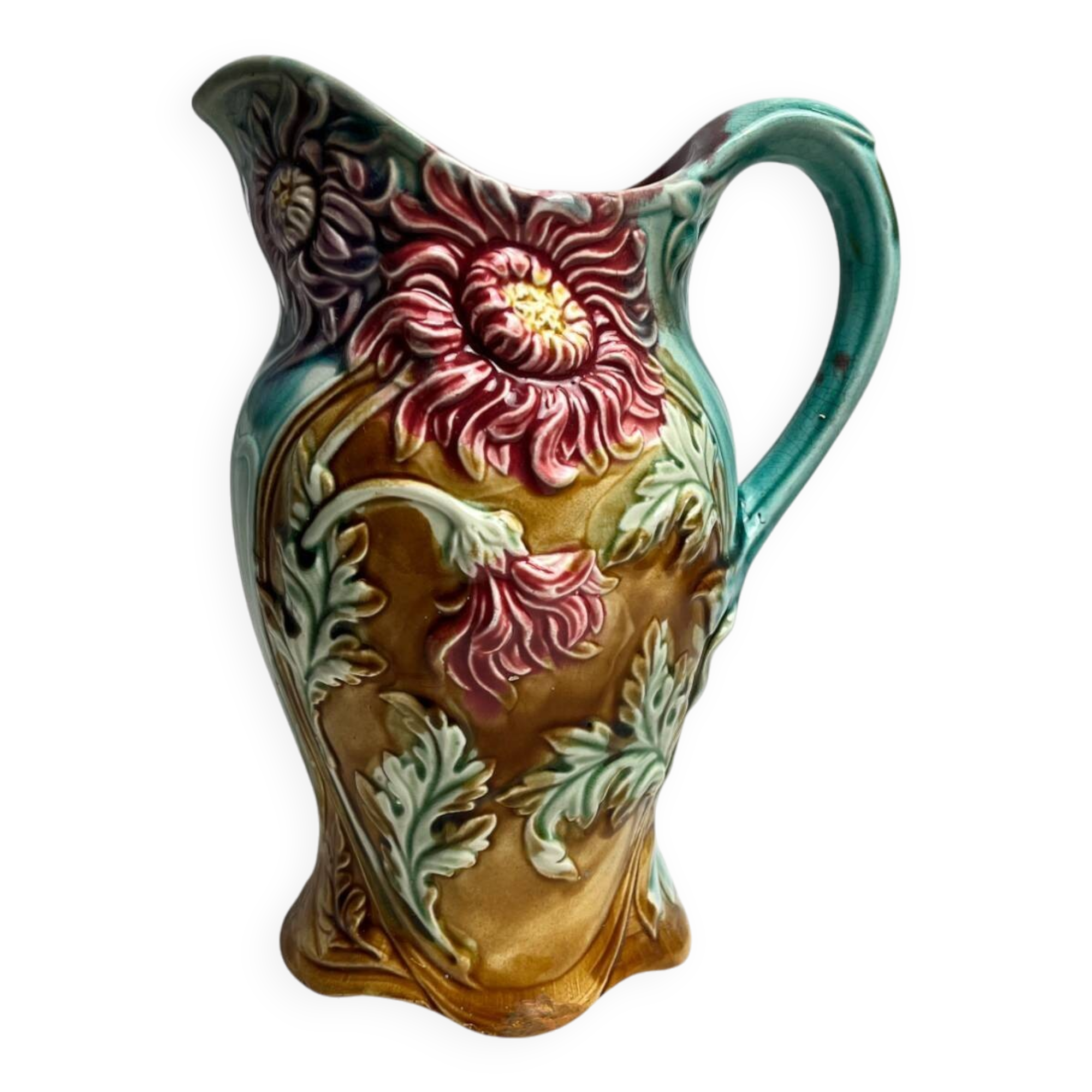 Barbotine pitcher jug from Onnaing Earthenware Factory circa 1900