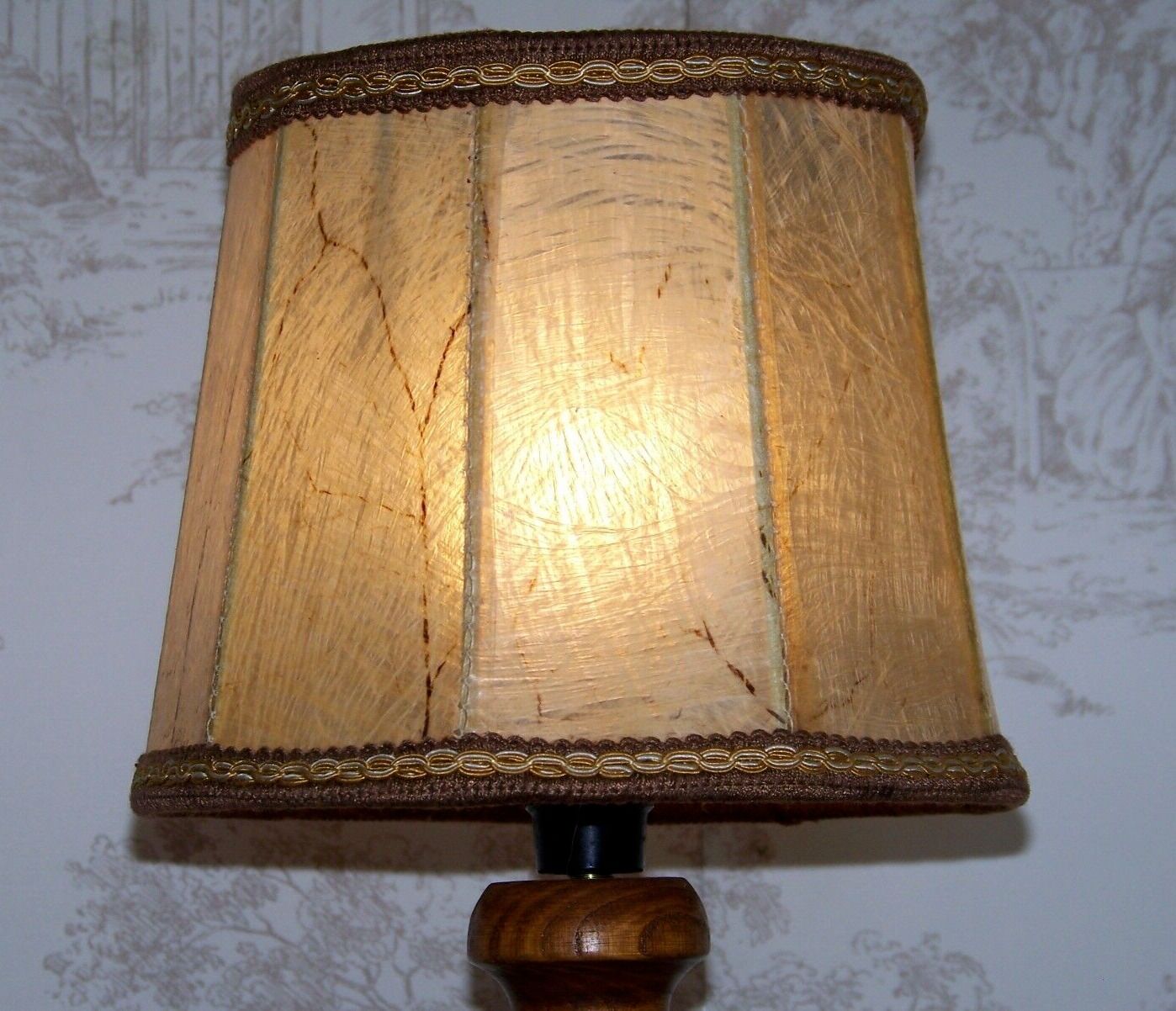 Small French Round Turned Wood Table Lamp With Hand Made Hide Skin Shade 4355