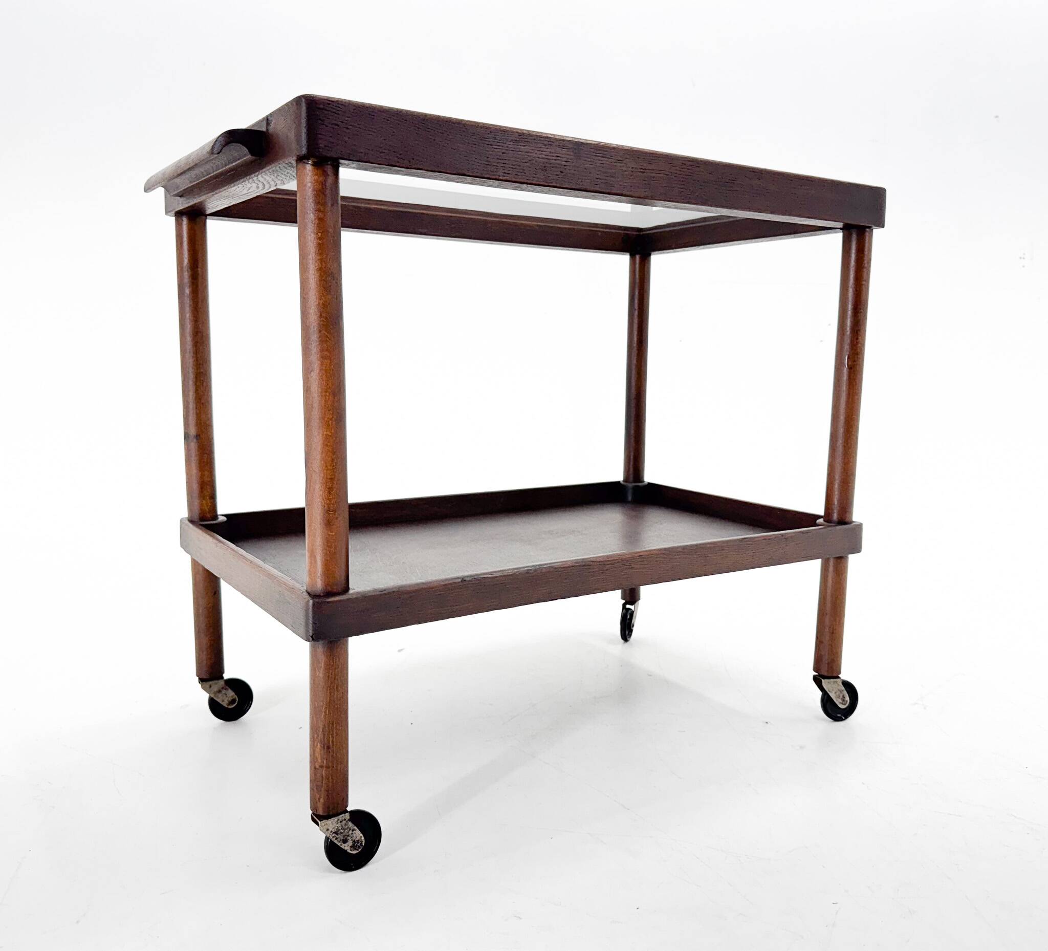 Chariot de Bar Art Déco en Bois avec Plateau en Verre, 1920