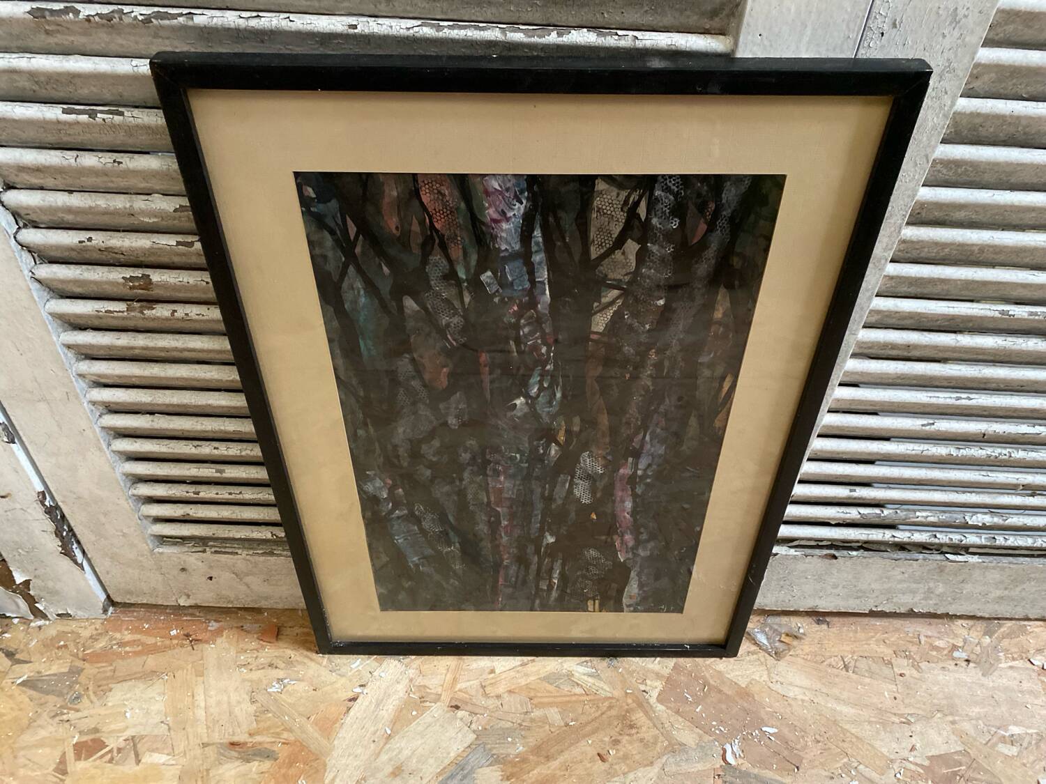 Old Abstract Oil On Paper Signed + Black Wood Frame #B548