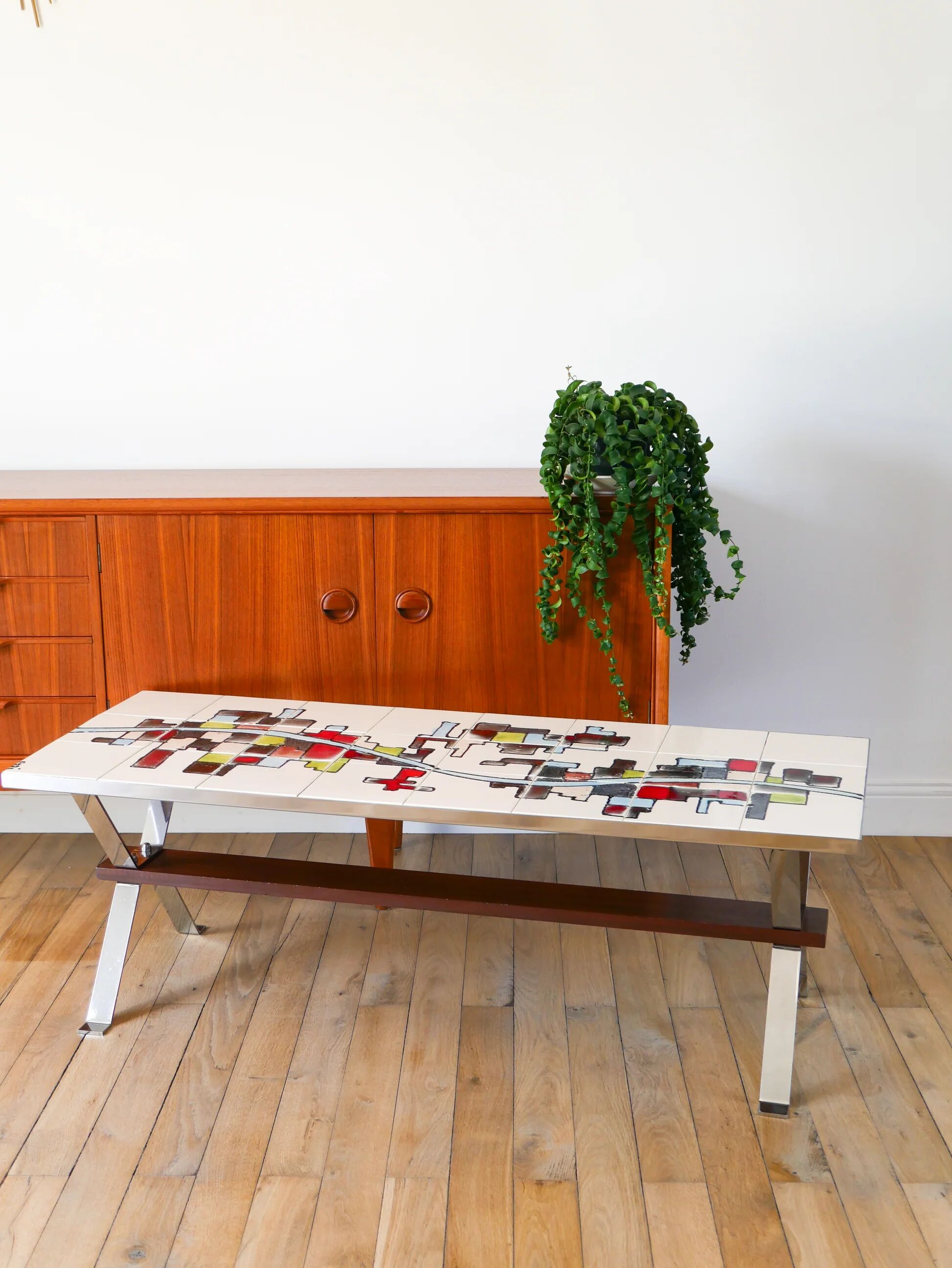 Ceramic coffee table, chrome and teak legs, Space Age, signed, 1970.