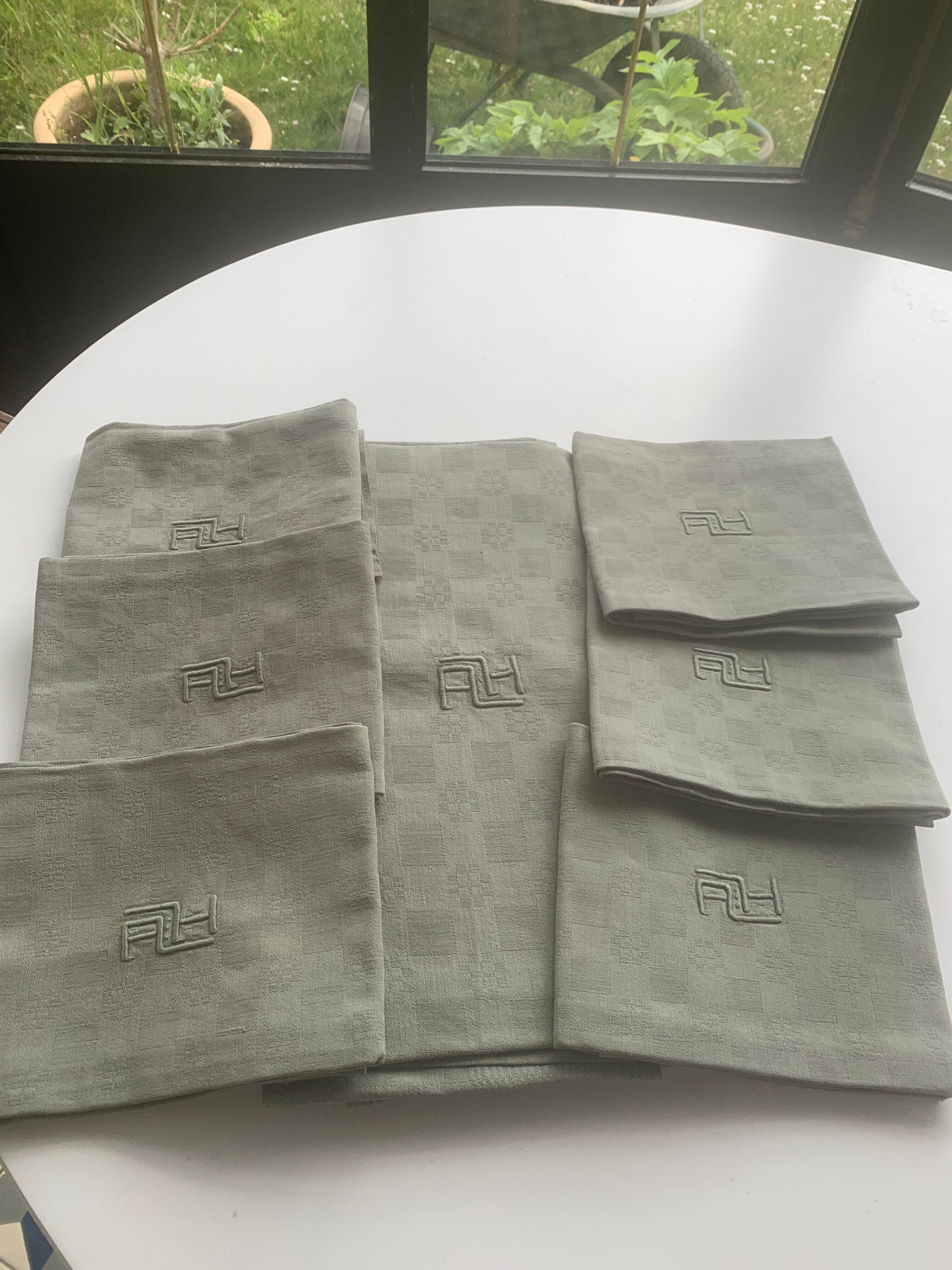 Tablecloth and 6 damask cotton napkins monogram khaki ah art deco
