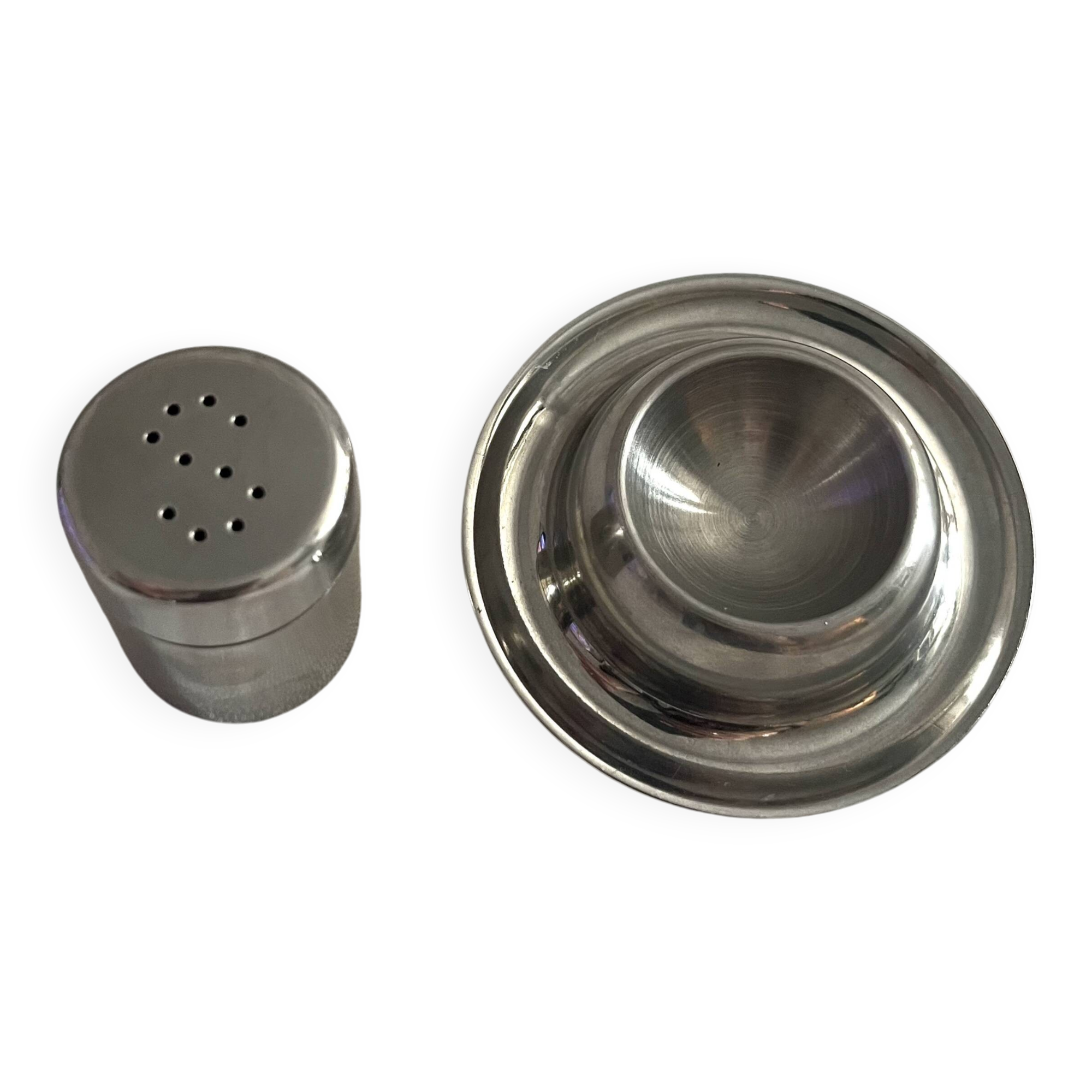 Vintage stainless steel egg cup and salt shaker – minimalist duo