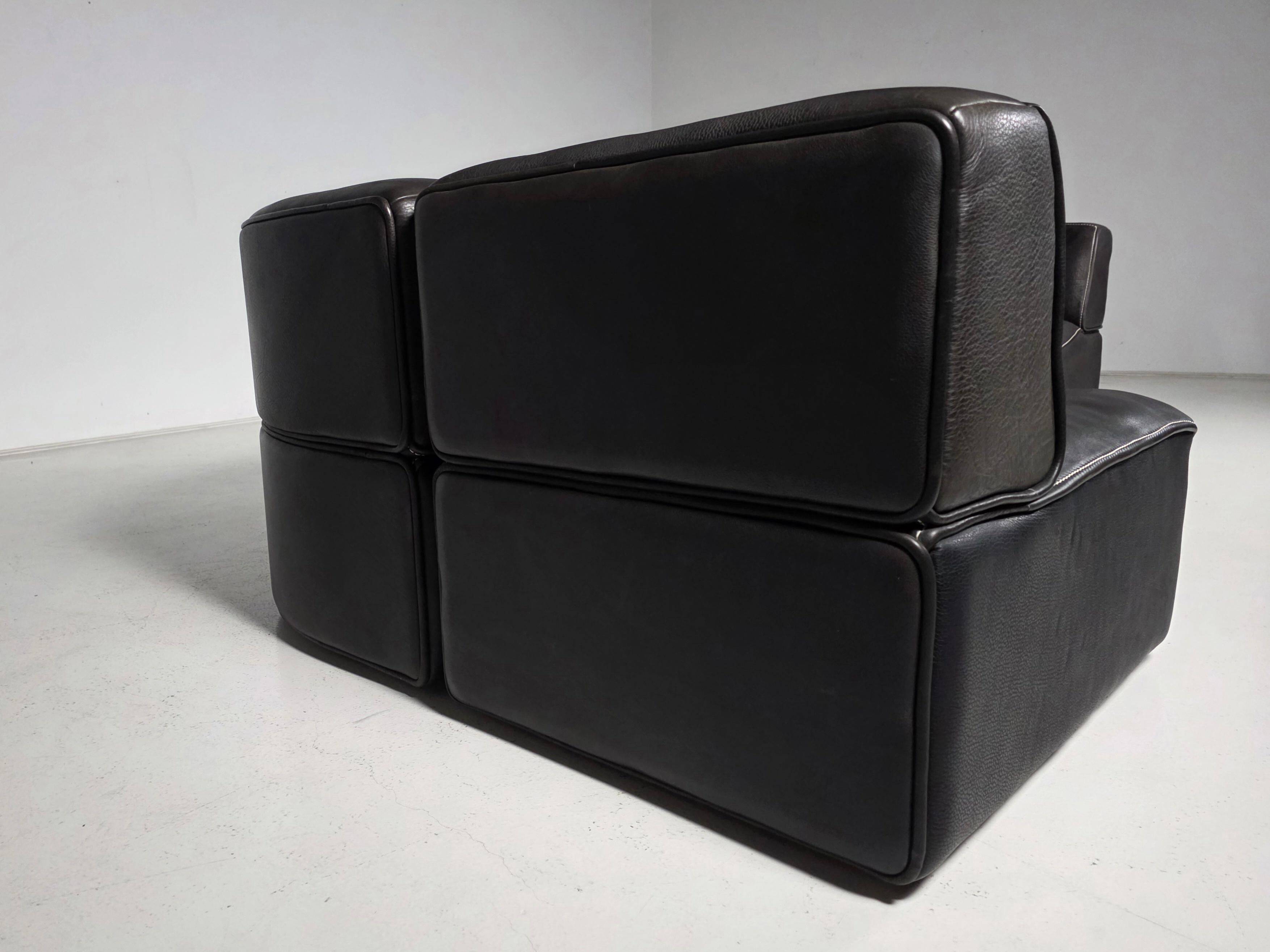 Canapé modulable De Sede DS-15 en cuir de buffle noir d'origine, années 1970