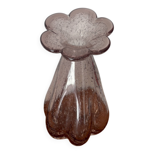 Vase vintage en verre bullé mauve – Col fleur Soliflore rétro – Décora