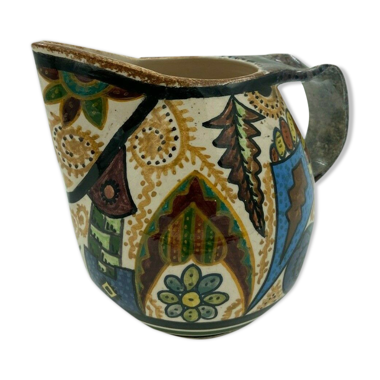 Pichet Paul Fouillen faience de Quimper decor geometrique signe