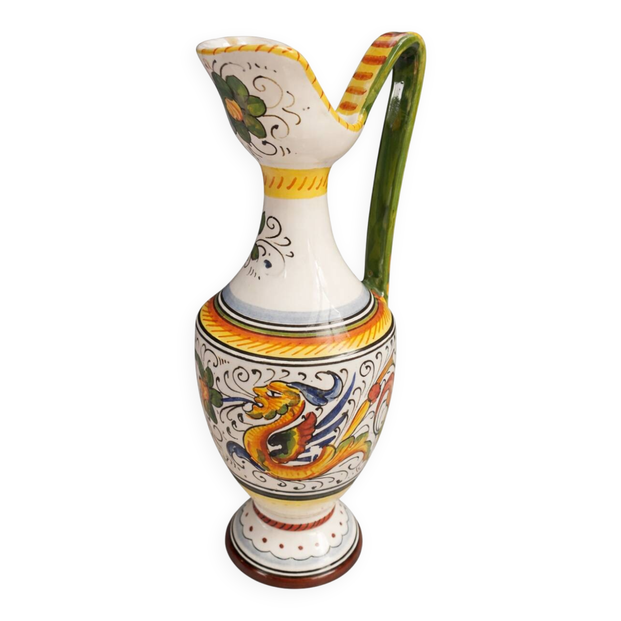 Italian majolica vase jug from Deruta, hand-painted ceramic, signed, 25 cm.