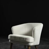 Low Mid-Century Scandinavian Modern Oak & Fabric Armchair with Rounded Backrest, 1960s