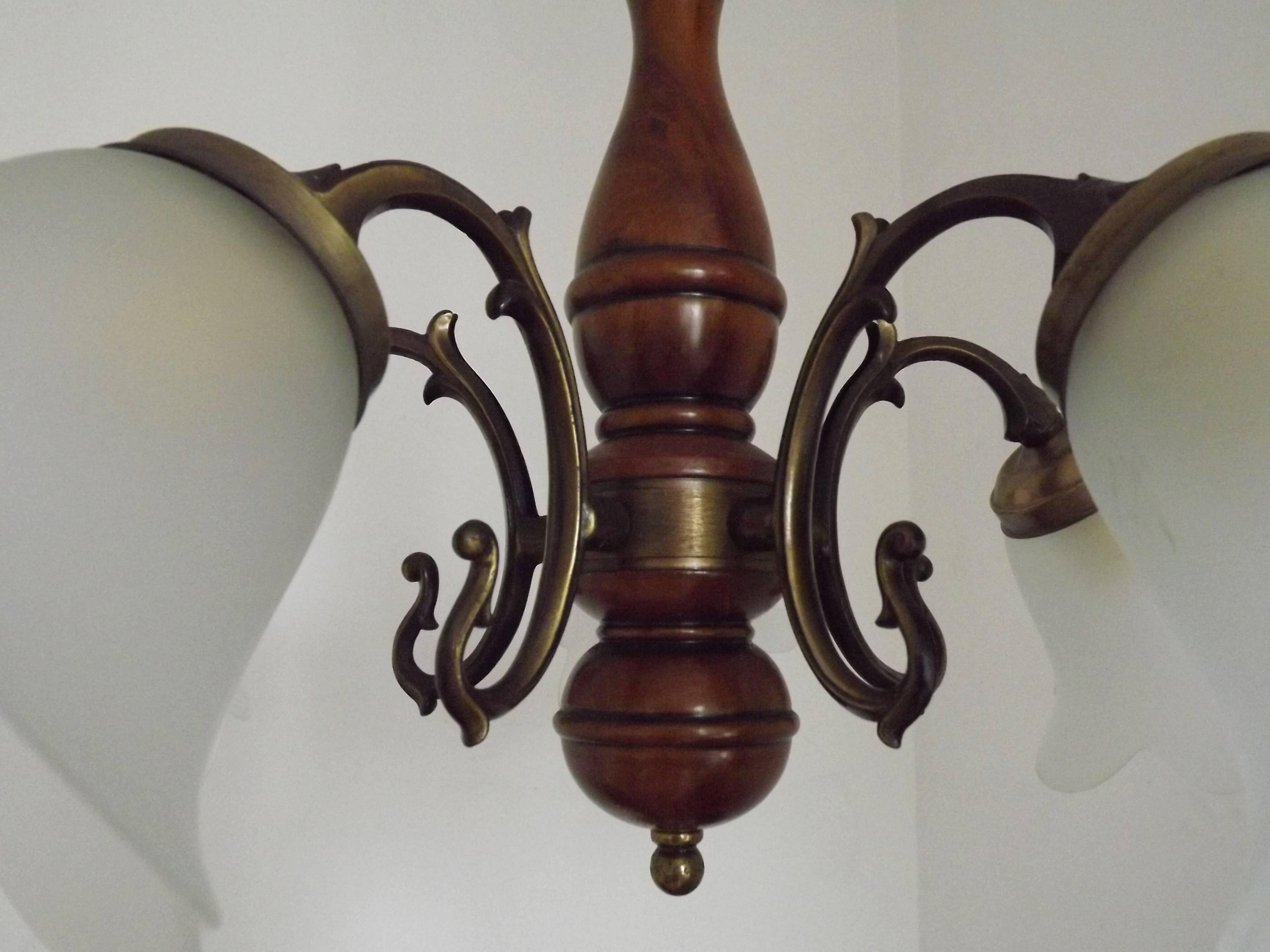 French Mid-Century Bronzed Metal & Wood 5-Light Chandelier with Glass Shades