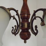 French Mid-Century Bronzed Metal & Wood 5-Light Chandelier with Glass Shades