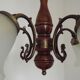French Mid Century Bronzed Metal & Wood 5 Light Chandelier Glass Shades