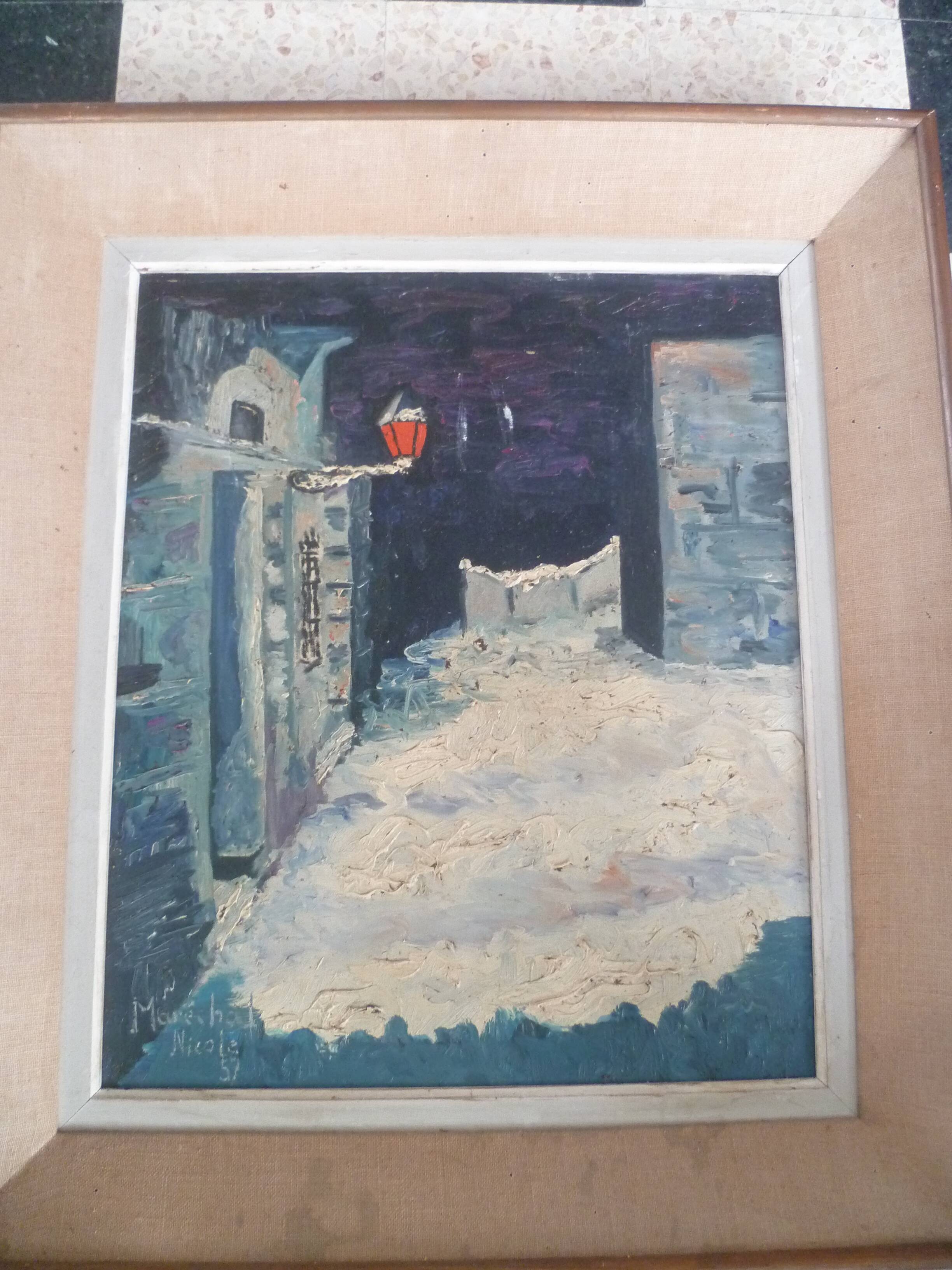 HST PAINTING "SNOW LANDSCAPE WITH RED LANTERN" signed MARECHAL NICOLE 1957 IN ITS FRAME