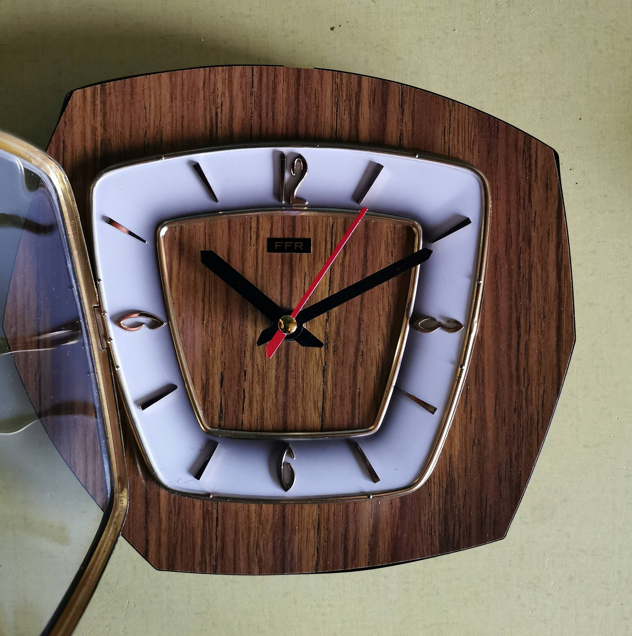 Vintage formica clock silent hexagonal wall pendulum "FFR wood"