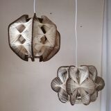 Pair of vintage wooden and rattan straw pendant lights.