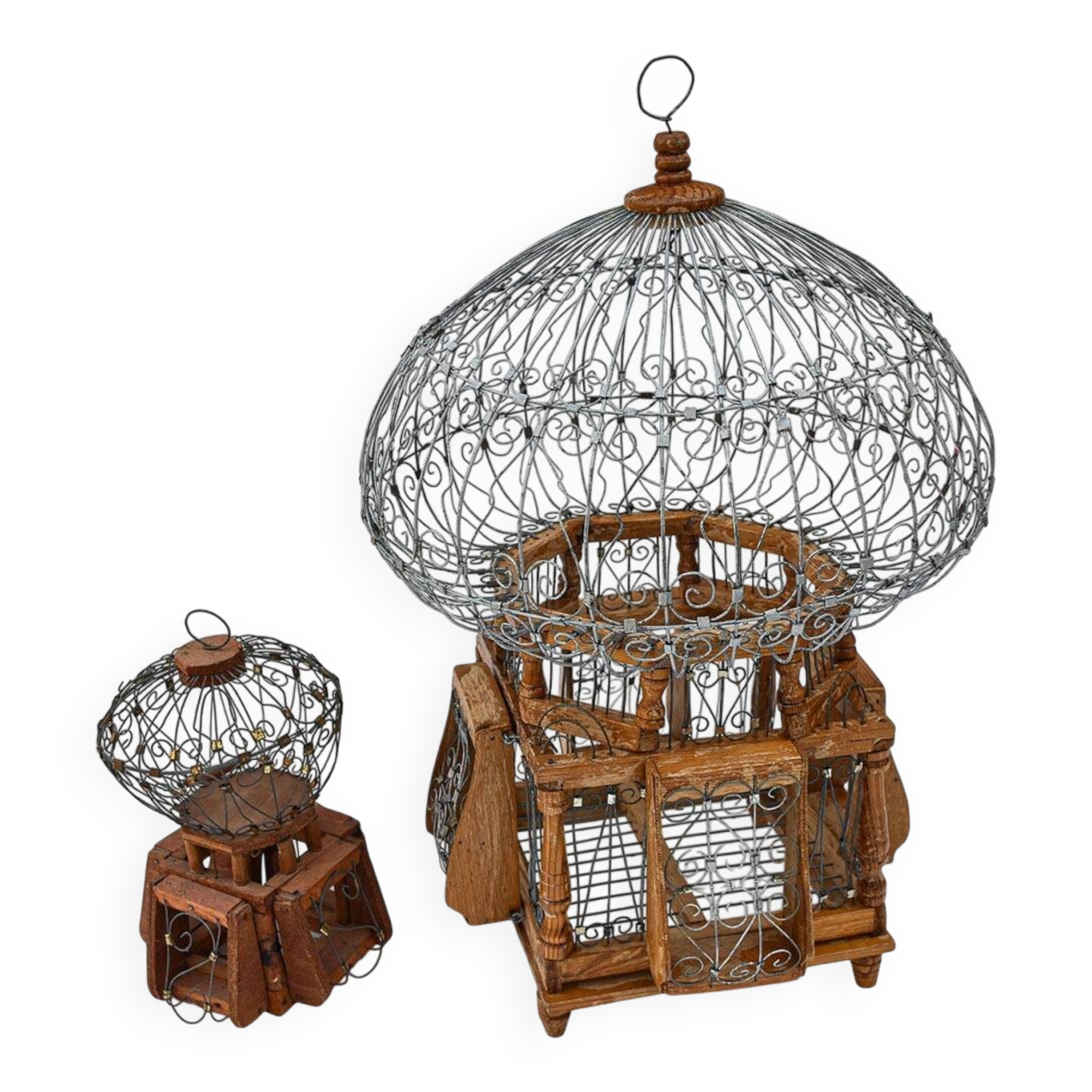 Antique Vintage Round Iron and Wood Decorative Bird Cages