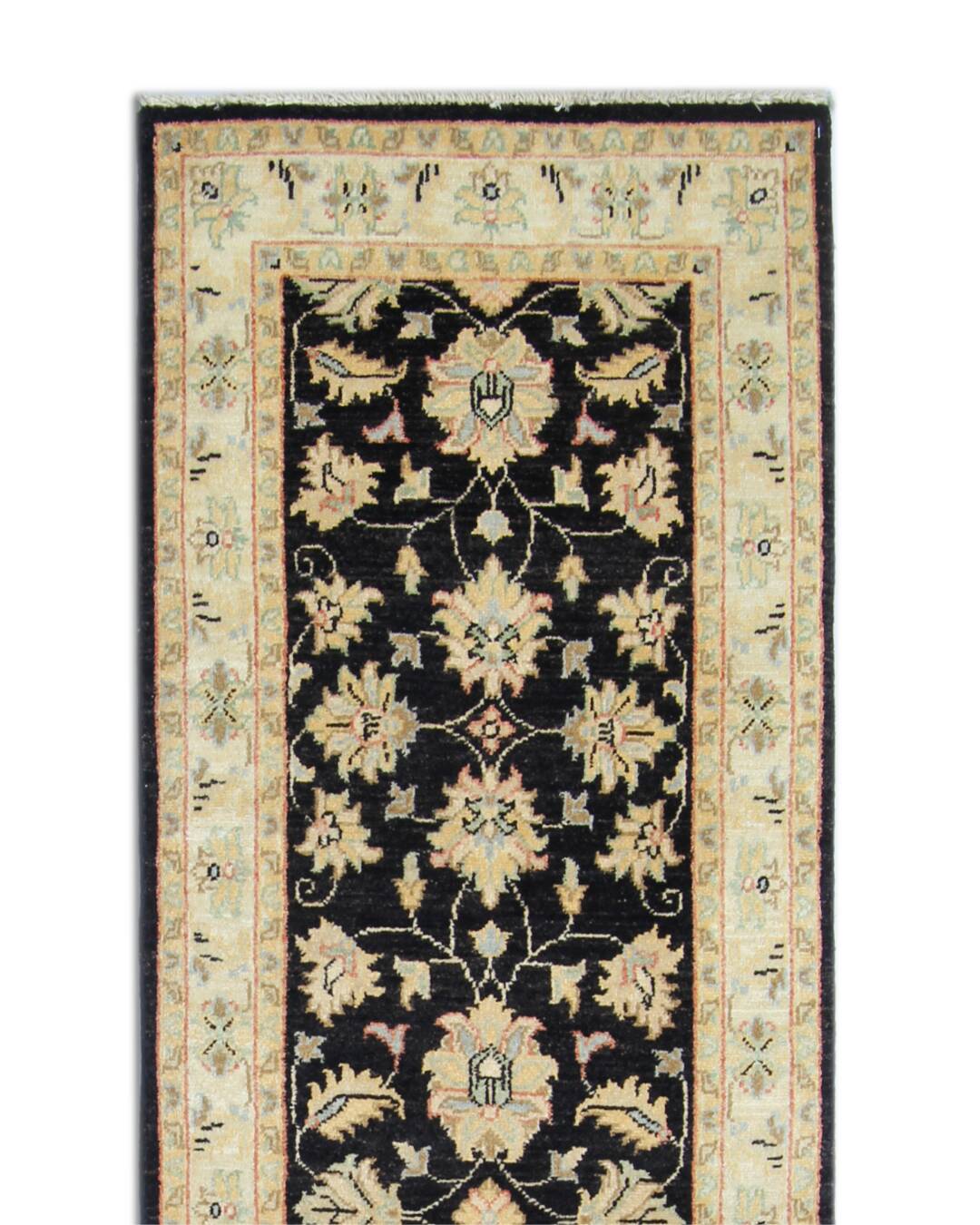 Black Wool Runner Rug, Handmade Floral Ziegler Hallway Runner 211 x 66 cm