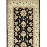 Black Wool Runner Rug, Handmade Floral Ziegler Hallway Runner 211 x 66 cm