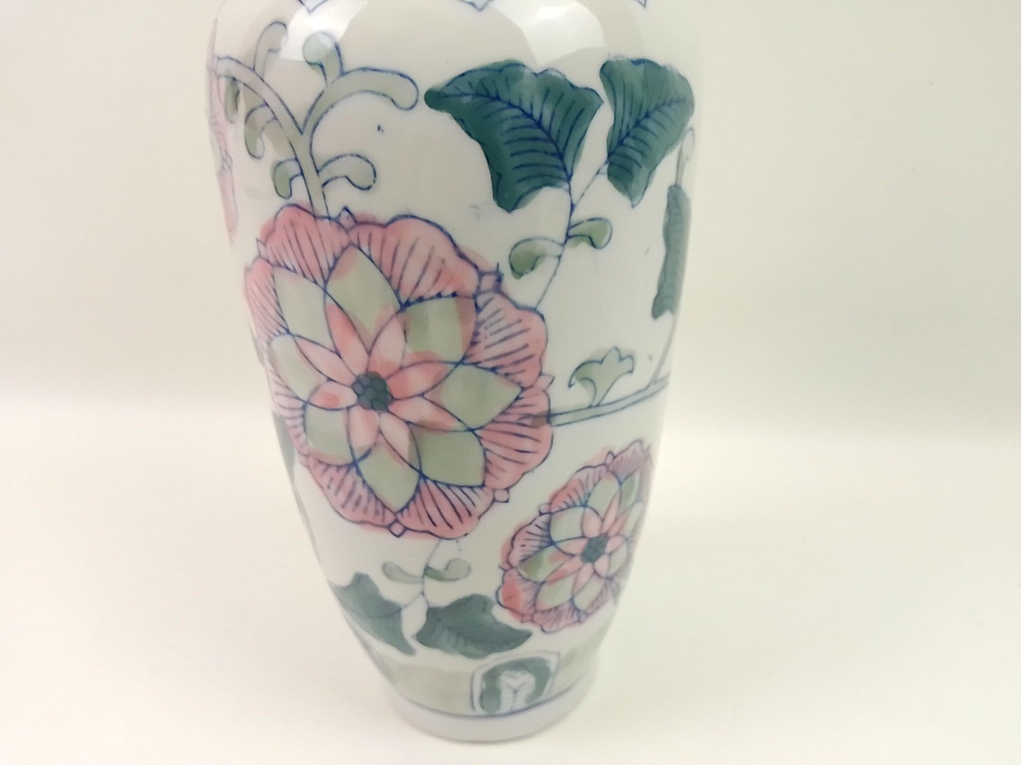 Ceramic vase white deco pink and green flowers 30cm