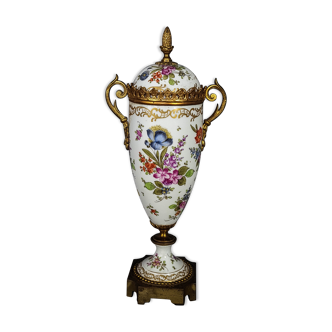 Vase porcelaine vieux Paris & bronze doré sur piédouche, XIXe siècle