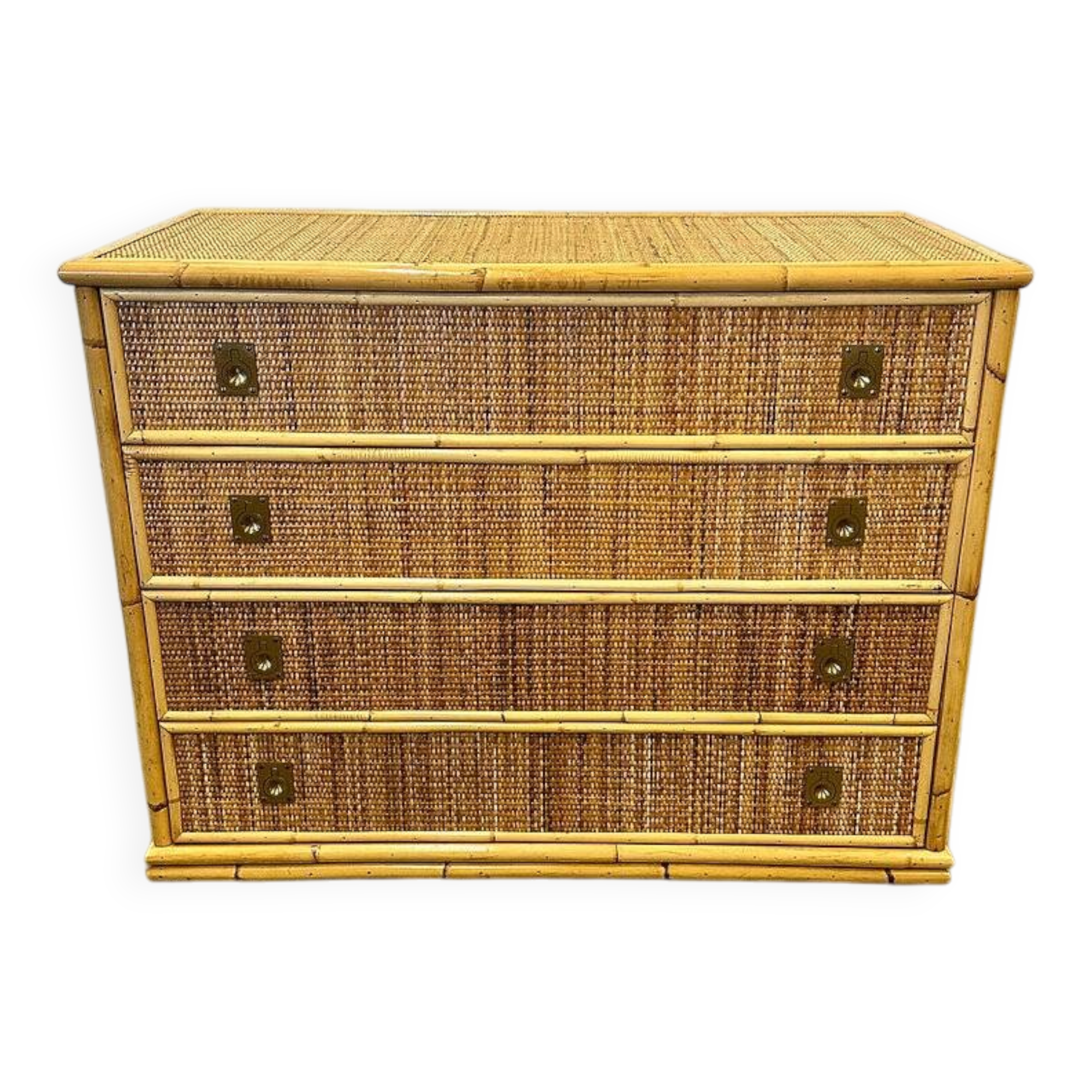 Midcentury bamboo, rattan and brass chest of drawers by Dal Vera, Italy, 1970s