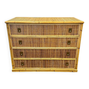 Midcentury bamboo, rattan and brass chest of drawers by Dal Vera, Italy, 1970s
