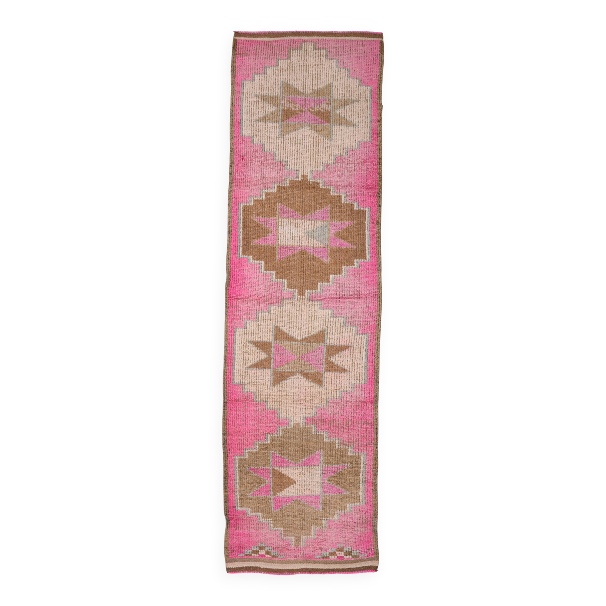 3x10 Fuchisa Pink & Caremel Brown Geometric Pattern Vintage Runner Rug