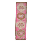 3x10 Fuchisa Pink & Caremel Brown Geometric Pattern Vintage Runner Rug