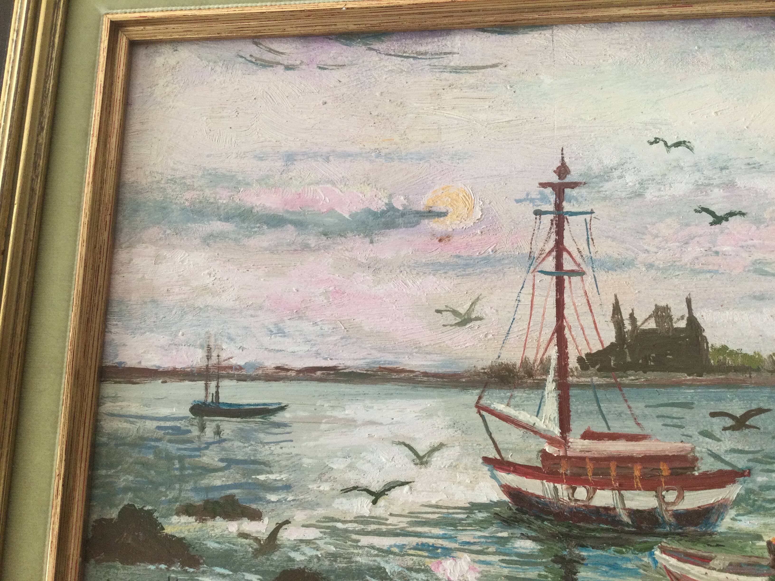 Marine on wood signed reine vuillermet