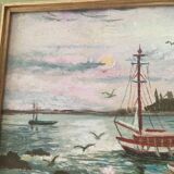 Marine on wood signed reine vuillermet
